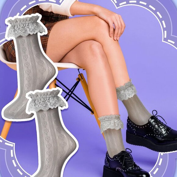 Lace Socks Women 8 Pairs Nylon Ruffle Frilly Ankle Dress Accessories - Picture 4 of 7
